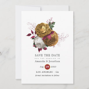 White, Burgundy and Gold Floral Wedding Save The Date