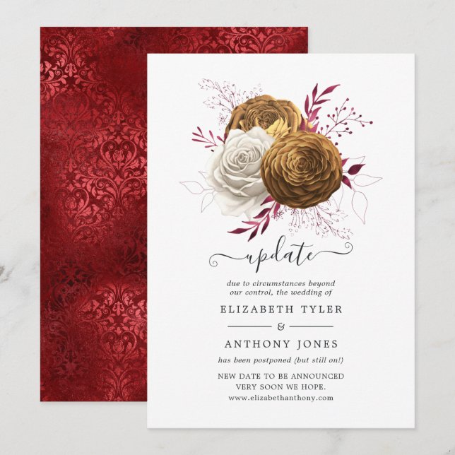 White, Burgundy and Gold Floral Wedding Update Invitation (Front/Back)