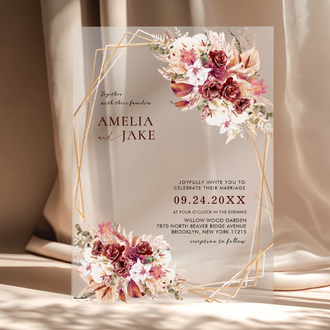 White & Burgundy Floral Gold Geometric Wedding Acrylic Invitations (Creator Uploaded)