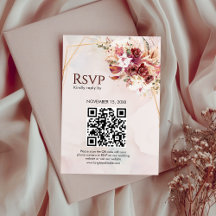 White & Burgundy Floral Gold QR Wedding RSVP Card