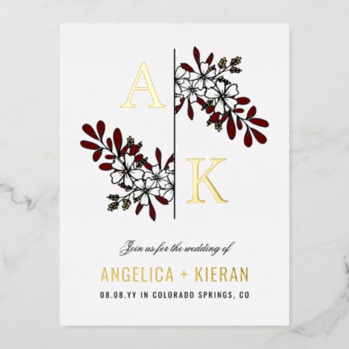 White Burgundy Floral Greenery Monogram Wedding Foil Invitation Postcard