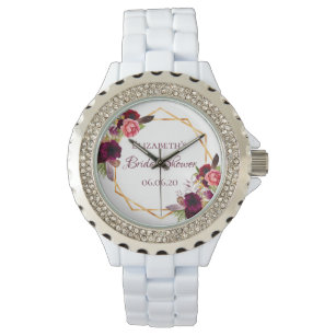 White burgundy florals name bridal shower watch
