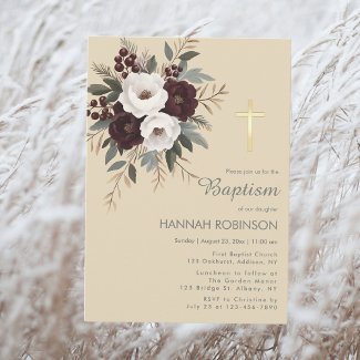 White Burgundy Flower Baptism Invitation