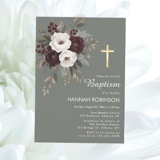 White Burgundy Flower Baptism Invitation