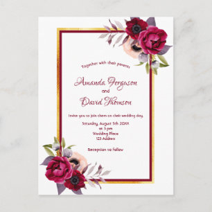White burgundy gold florals wedding invitation postcard