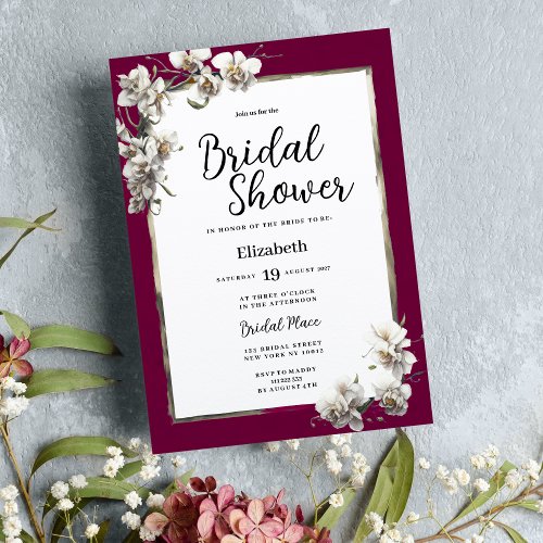 White burgundy gold orchid floral Bridal Shower Invitation