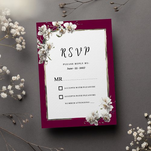 White burgundy gold tropical orchid floral RSVP  Invitation