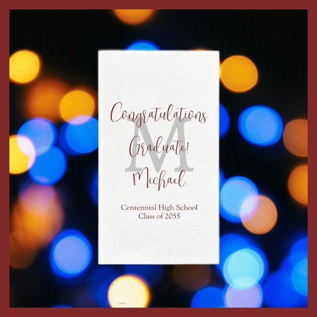 White Burgundy Graduation Party Name Monogram  Paper Guest Towels (Creator Uploaded)