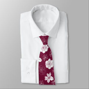 White & Burgundy Graphic Floral Pattern Neck Tie