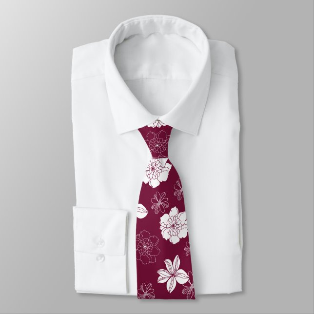 White & Burgundy Graphic Floral Pattern Neck Tie (Tied)