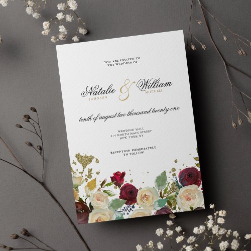 White burgundy ivory gold glitter floral wedding  invitation