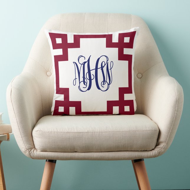 White Burgundy Navy Greek Key Vine Monogram DIY BG Throw Pillow (Creator Uploaded)