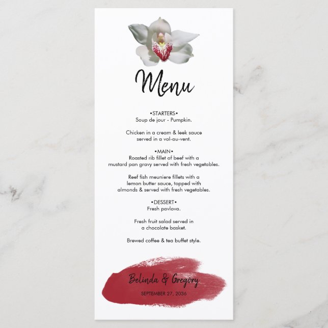 White Burgundy Orchid Wedding Menu (Front)