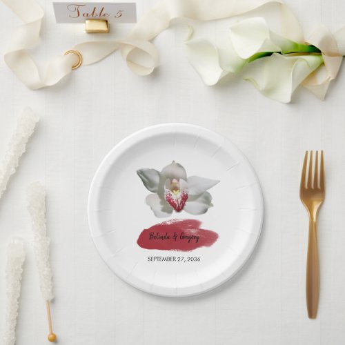 White Burgundy Orchid Wedding  Paper Plates