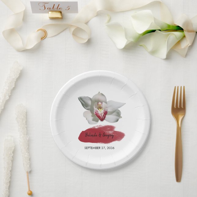 White Burgundy Orchid Wedding  Paper Plates (Wedding)