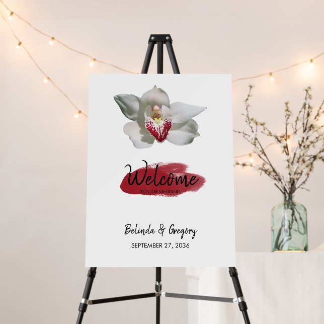 White Burgundy Orchid Wedding Welcome Sign (In Situ (Stand))