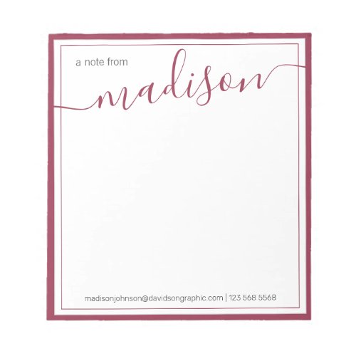 White Burgundy Personalized Name From The Desk Of Notepad
