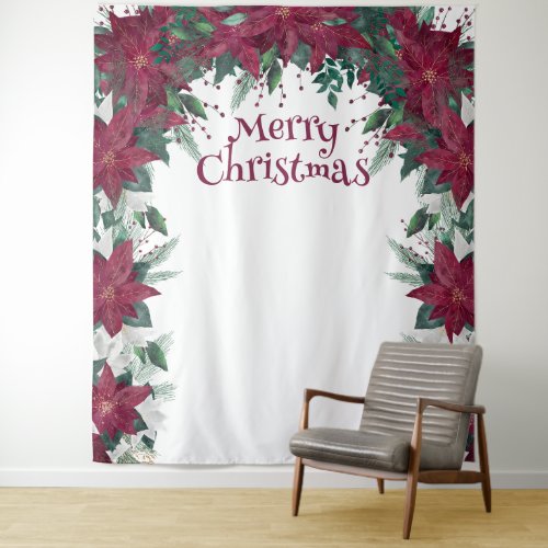 White Burgundy Poinsettia Christmas Photo Backdrop