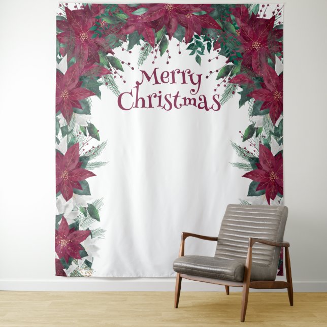 White Burgundy Poinsettia Christmas Photo Backdrop (In Situ)