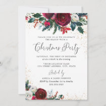 White Burgundy Red Floral Gold Dust Christmas Invitation