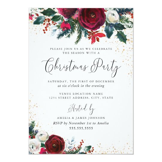 White Burgundy Red Floral Gold Dust Christmas Invitation | Zazzle.com