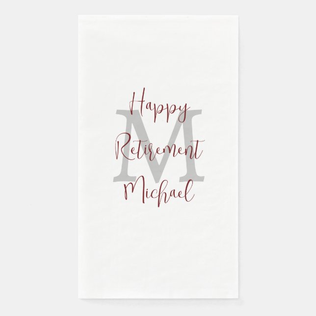 White Burgundy Retirement Party Name Monogram  Paper Guest Towels (Front)