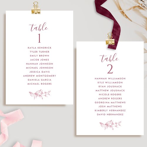 White Burgundy Seating Plan Cards w Guest Names