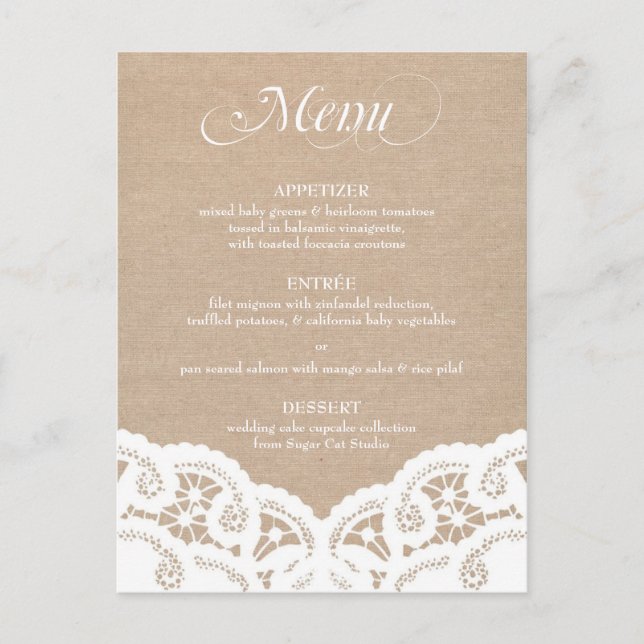 White Burlap Lace Doily Wedding Menu (Front)