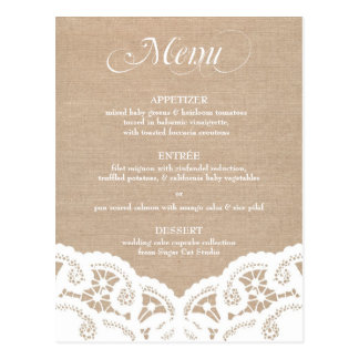 White Burlap Lace Doily Wedding Menu Postcard