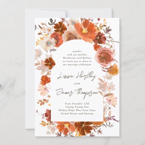 White Burnt Orange Floral Botanical Arch Wedding Invitation