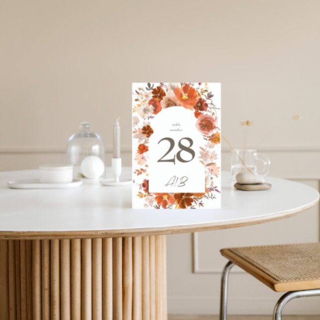 White Burnt Orange Floral Botanical Arch Wedding Table Number (Creator Uploaded)