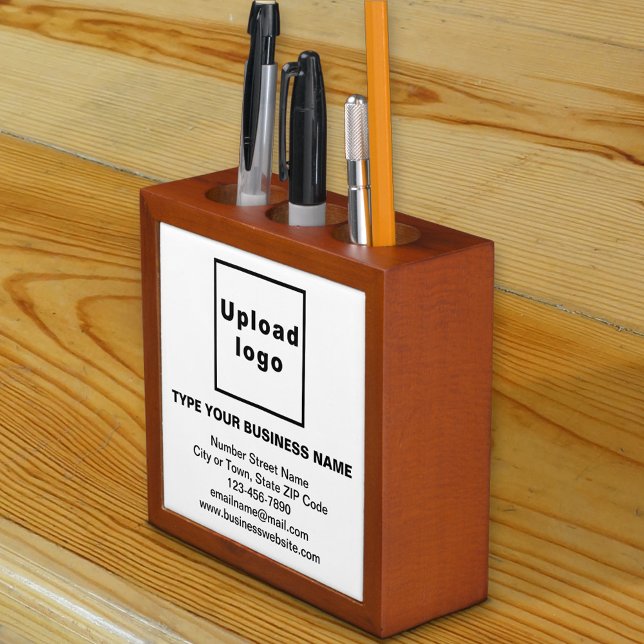 White Business Branding on Desk Pen Organizer (White business branding on desk pen organizer.)