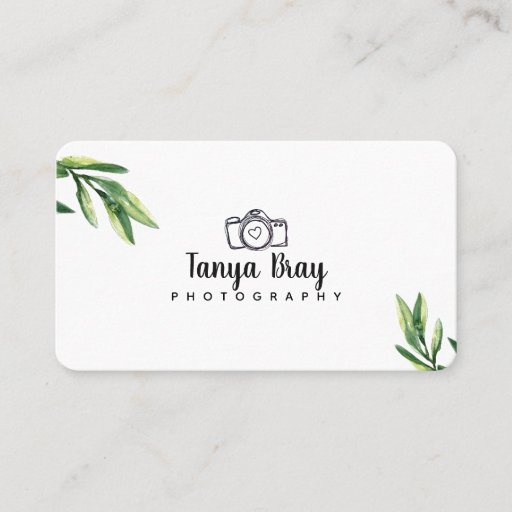 Customizable White Business Card W/ Watercolor Greenery Detail