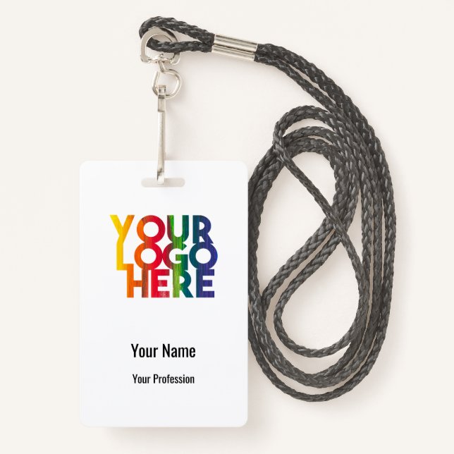 White Business Logo Custom Employee Barcode Name Badge (Front with Lanyard)