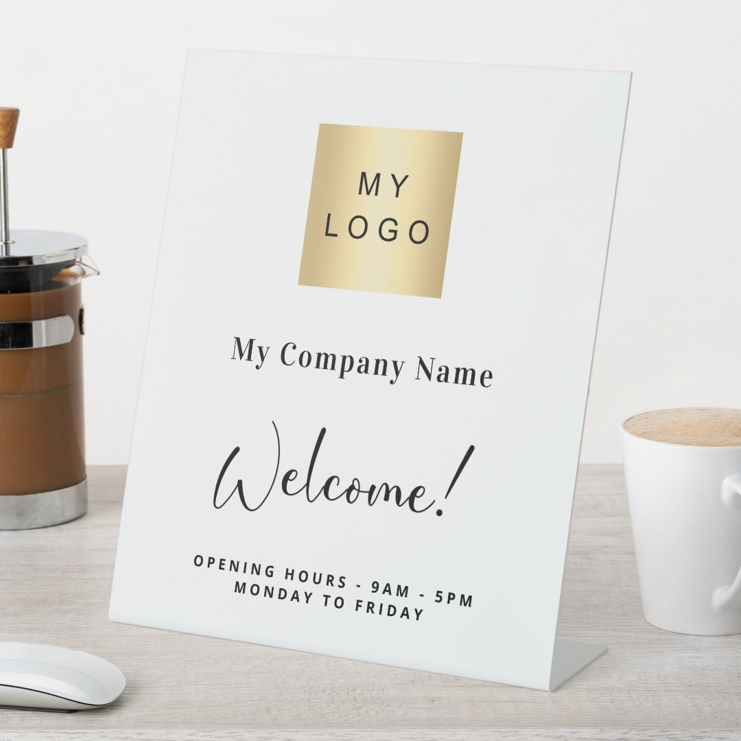 White business logo name opening hours pedestal sign Zazzle