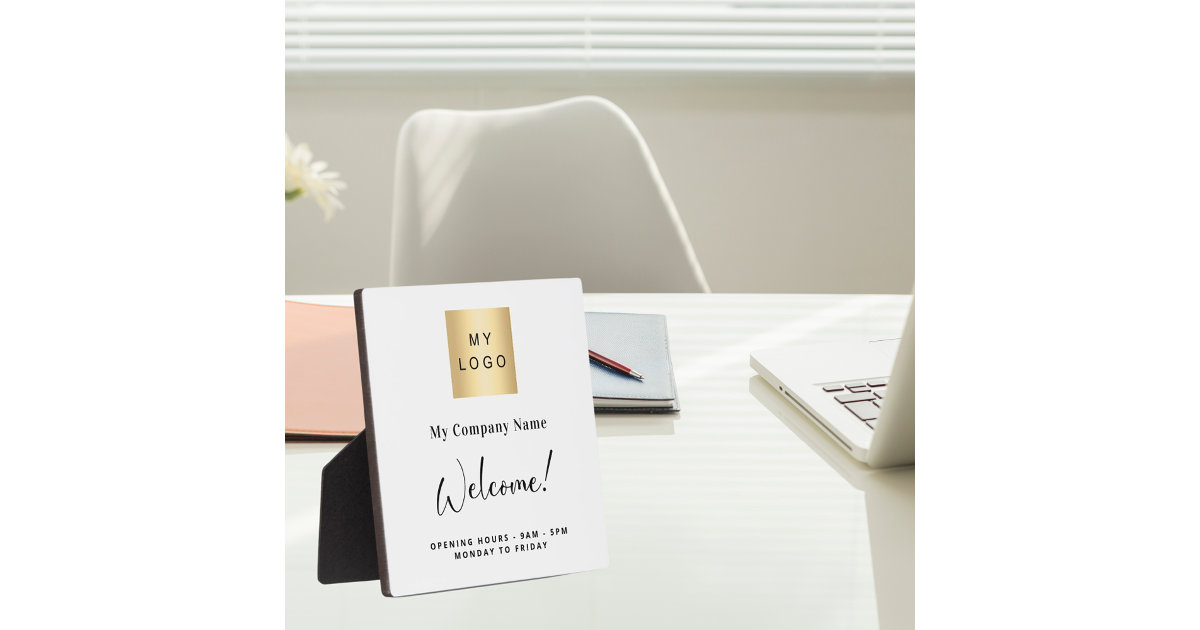 White business logo name opening hours plaque Zazzle