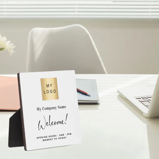 White business logo name opening hours plaque Zazzle