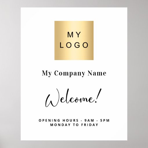 White business logo name opening hours poster Zazzle