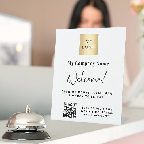 White business logo name opening hours QR code Pedestal Sign