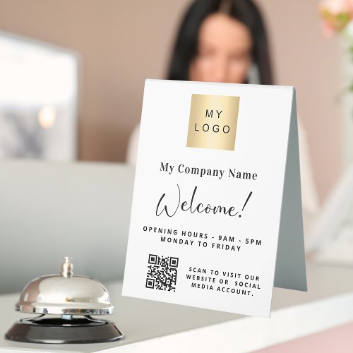 White business logo name opening hours QR code Table Tent Sign