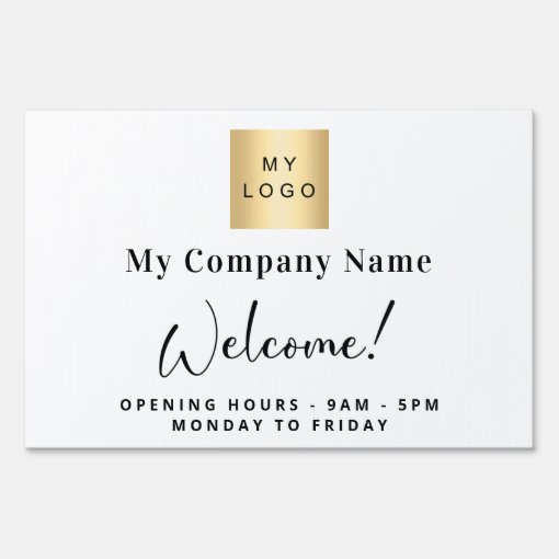 White business logo name opening hours sign Zazzle