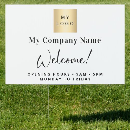 White business logo name opening hours sign