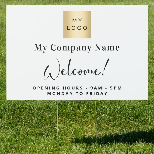 White business logo name opening hours sign (Insitu)