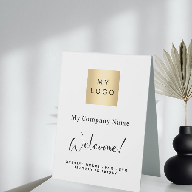 White business logo name opening hours table tent (Creator Uploaded)