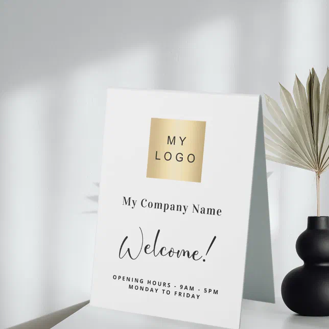 White business logo name opening hours table tent sign Zazzle