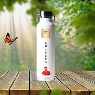 White business logo name photo water bottle