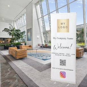 White business logo opening hours QR Instagram Retractable Banner