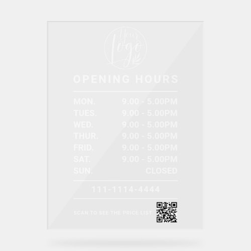 White Business opening hours logo and qr code Acrylic Sign