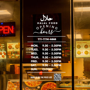 White Business opening hours logo and qr code Hala Window Cling