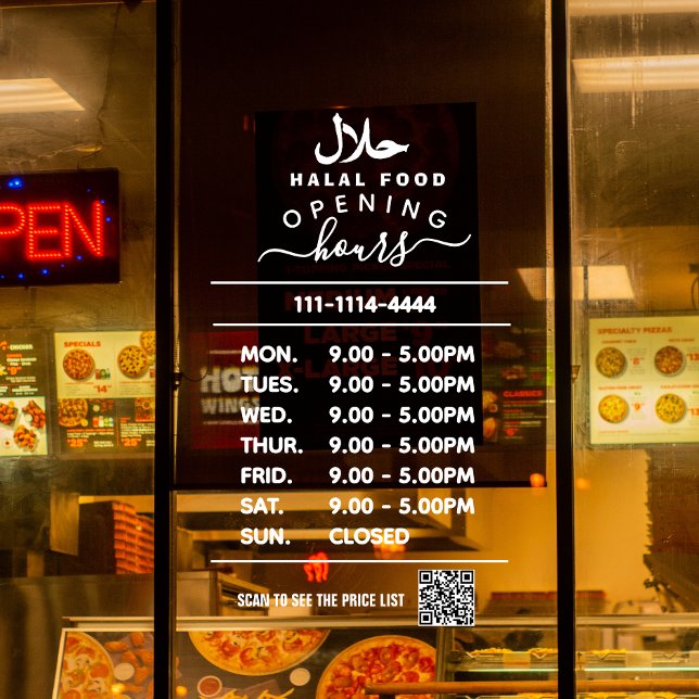 White Business opening hours logo and qr code Hala Window Cling (Creator Uploaded)